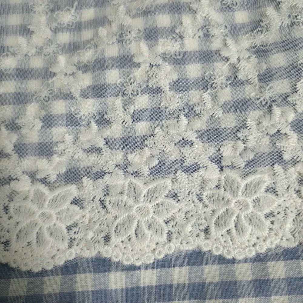 Blue White Gingham Check Cafe Curtain Floral Lace Farmhouse Kitchen Tier 42 X 17